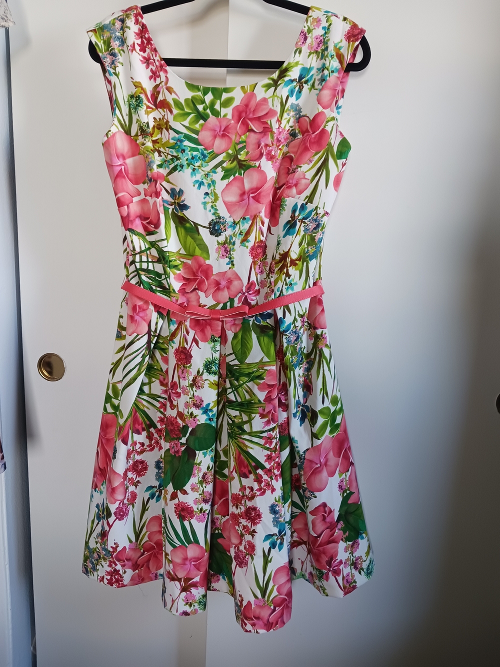Danny & Nicole White Floral Fit-and-Flare Dress with Pink Belt